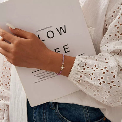 Sterling Silver Natural Stone Beads Cross Bracelet