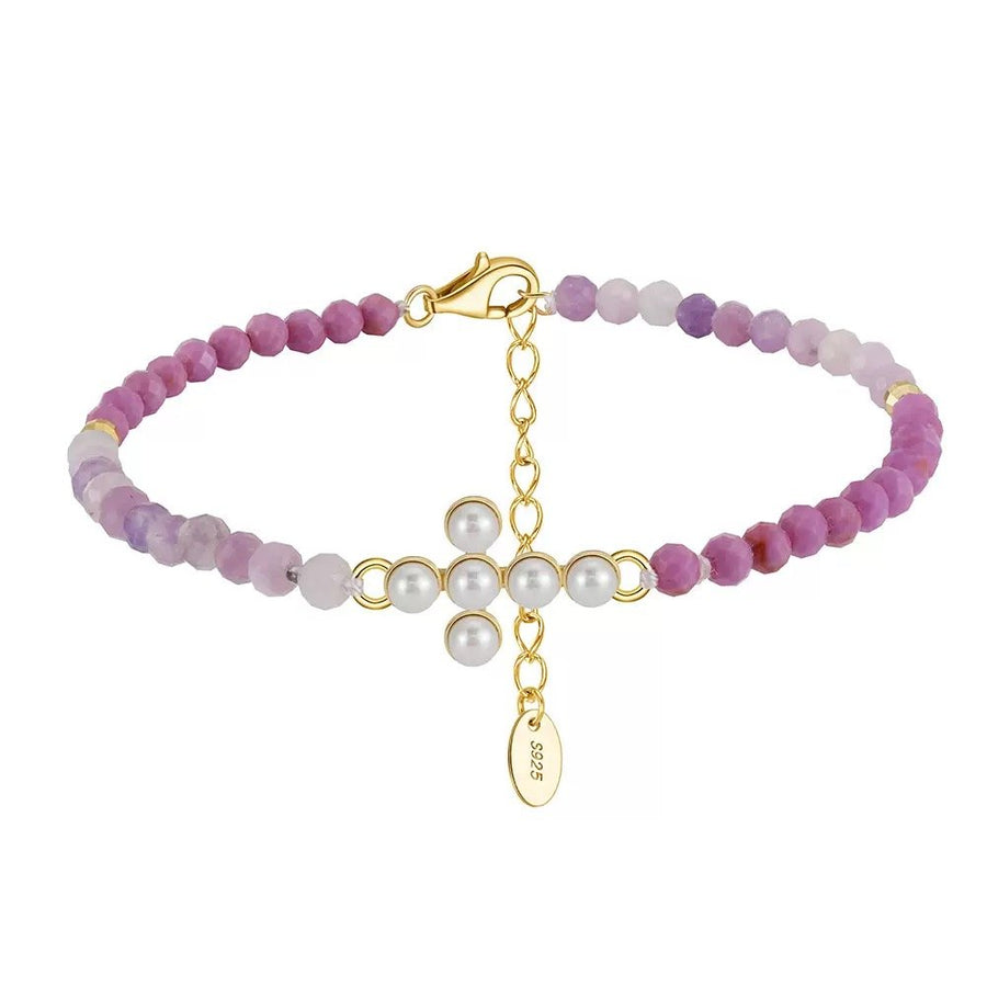 Sterling Silver Natural Stone Beads Cross Bracelet