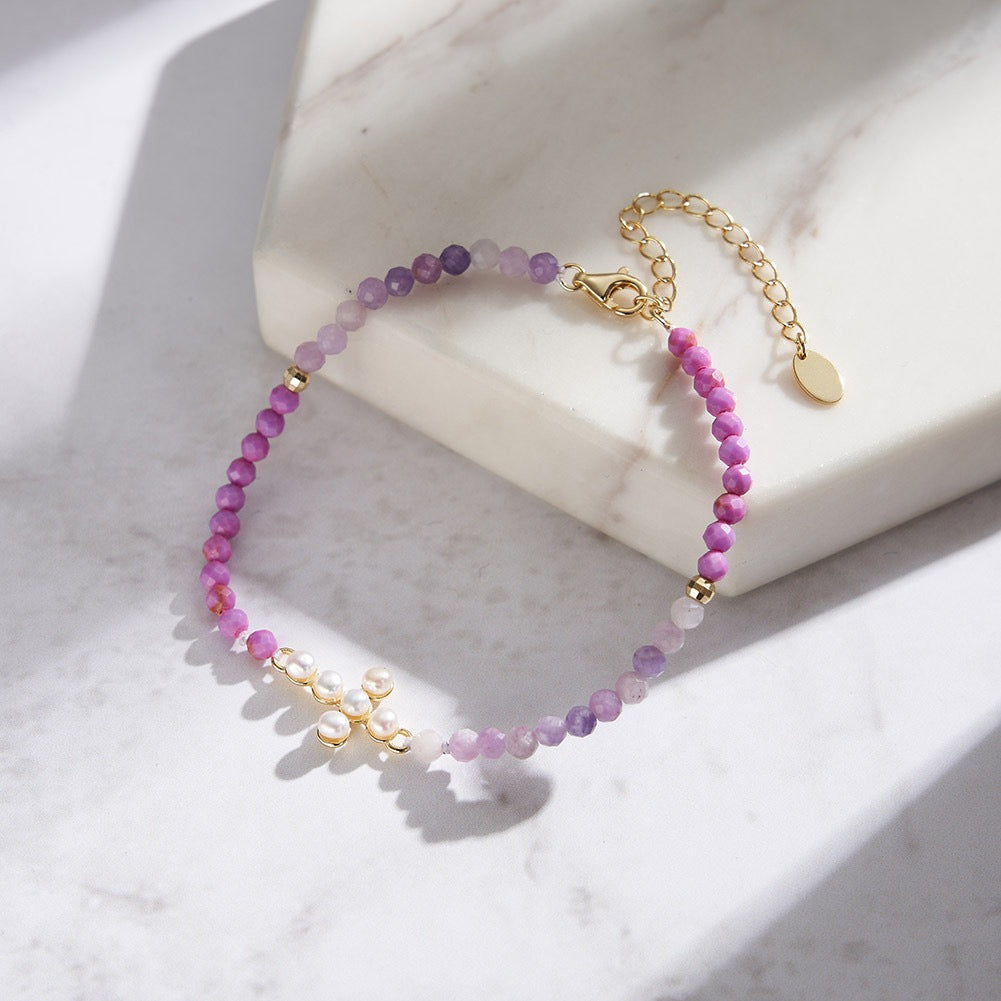 Sterling Silver Natural Stone Beads Cross Bracelet