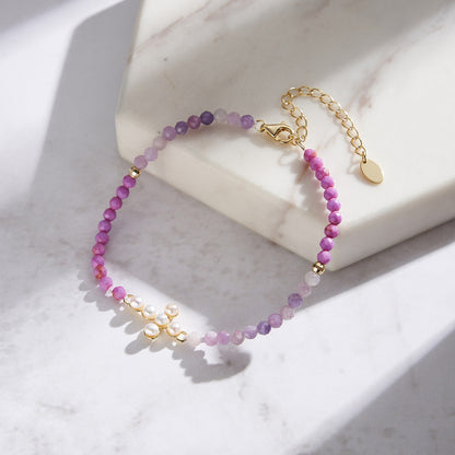 Sterling Silver Natural Stone Beads Cross Bracelet