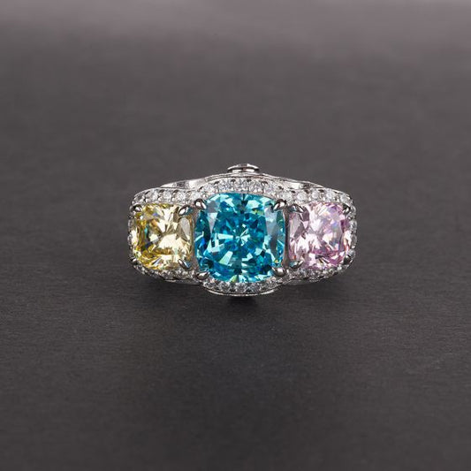Colorful Square Created Diamond Sterling Silver Ring