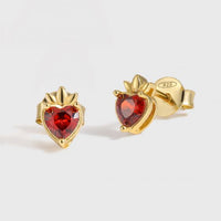 Red Crystal Heart Crown 925 Sterling Silver Stud Earrings