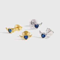 Blue Crystal Flying Heart Stud Earrings
