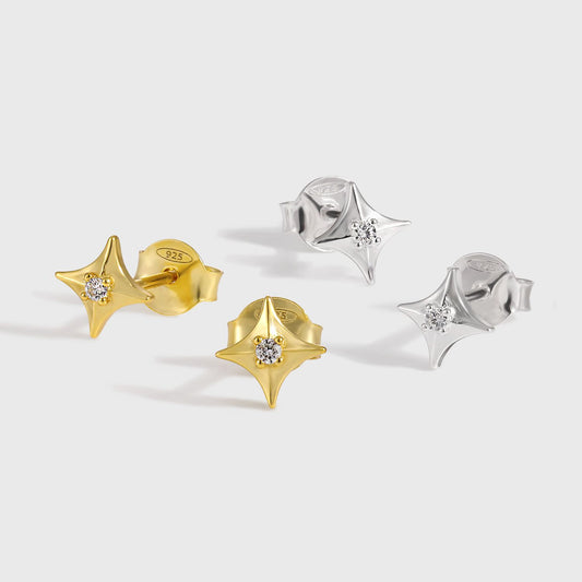 Four-Pointed Star CZ Sterling Silver Stud Earrings