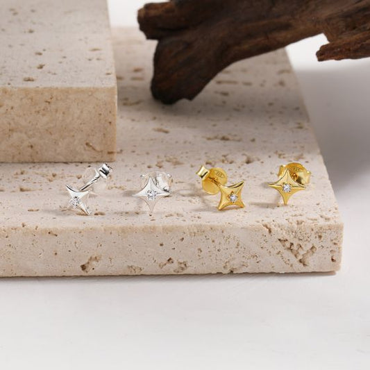 Four-Pointed Star CZ Sterling Silver Stud Earrings