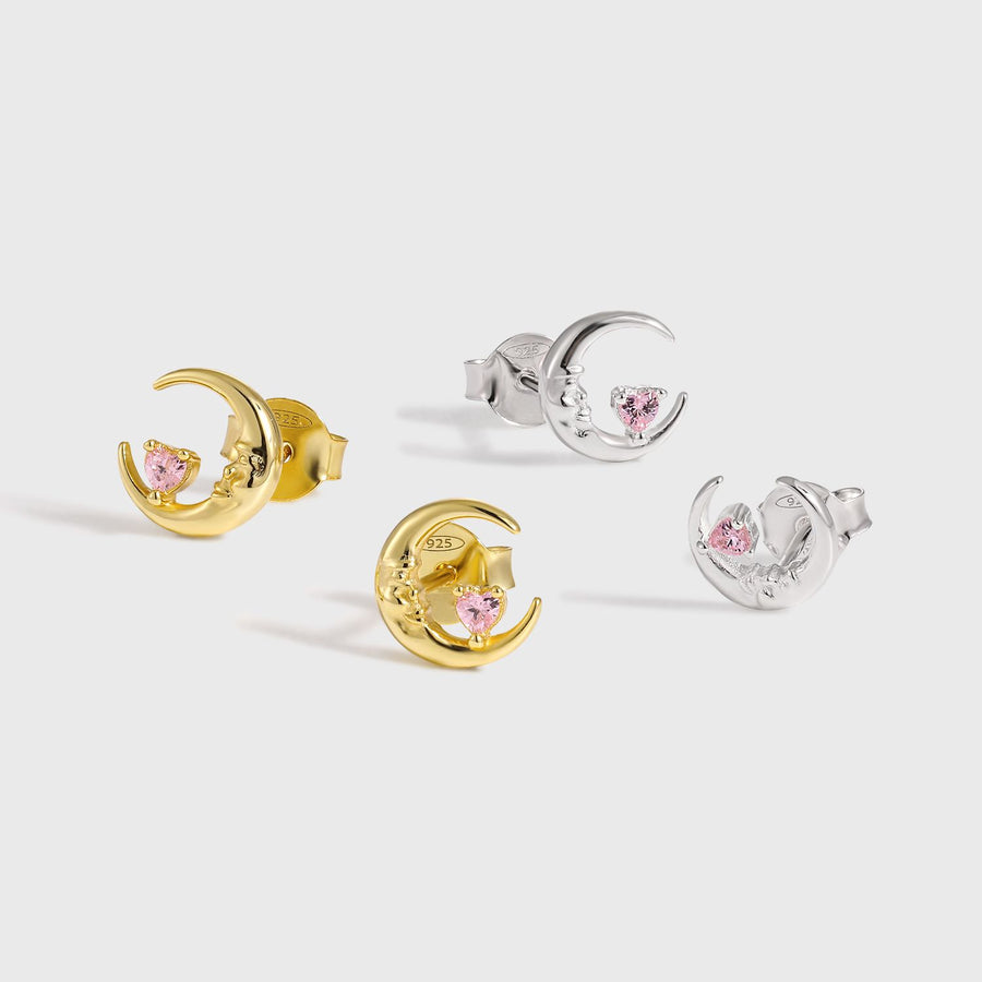 Pink Heart Crystal Crescent Moon 925 Sterling Silver Stud Earrings