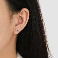 Pink Heart Crystal Crescent Moon 925 Sterling Silver Stud Earrings