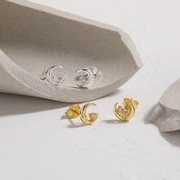 Pink Heart Crystal Crescent Moon 925 Sterling Silver Stud Earrings