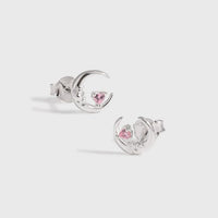 Pink Heart Crystal Crescent Moon 925 Sterling Silver Stud Earrings
