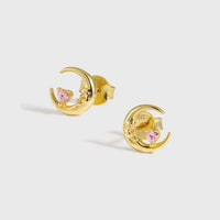 Pink Heart Crystal Crescent Moon 925 Sterling Silver Stud Earrings