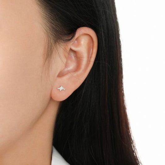 White CZ Heart Electrocardiogram Stud Earrings in 925 Sterling Silver