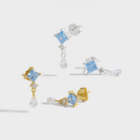 Blue Rhombus Crystal Drop Earrings in 925 Sterling Silver