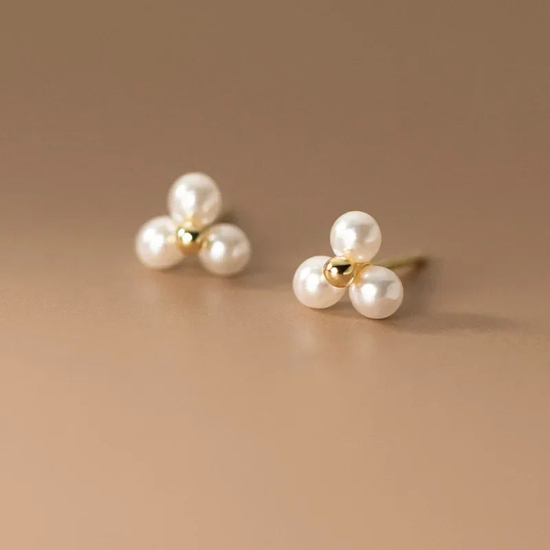Sterling Silver Round Pearl Triangle Stud Earrings