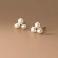 Sterling Silver Round Pearl Triangle Stud Earrings
