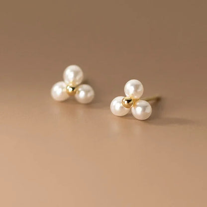 Sterling Silver Round Pearl Triangle Stud Earrings