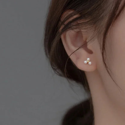 Sterling Silver Round Pearl Triangle Stud Earrings