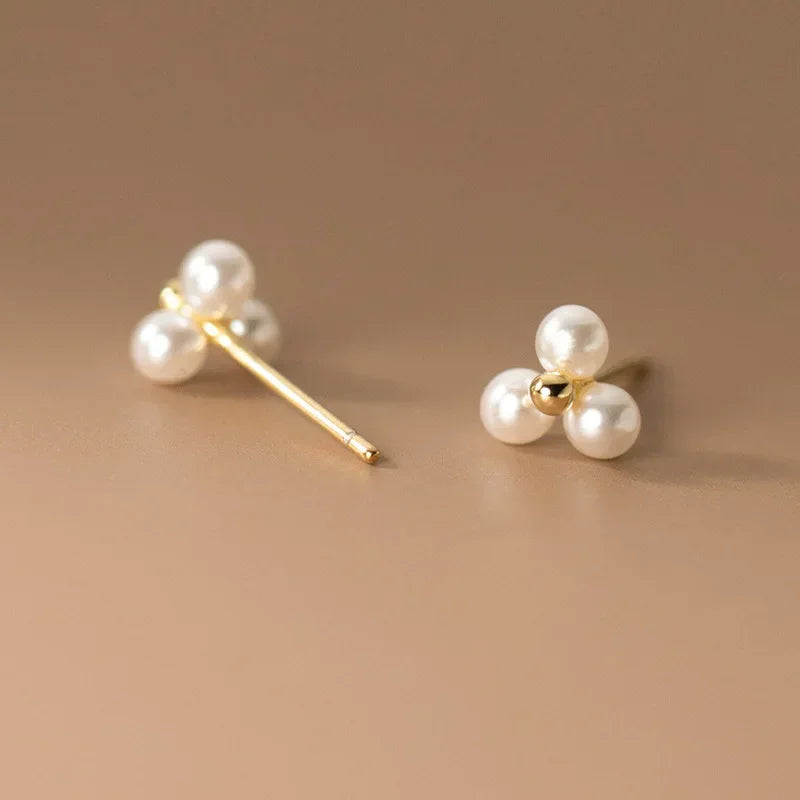 Sterling Silver Round Pearl Triangle Stud Earrings