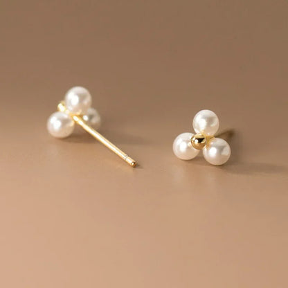 Sterling Silver Round Pearl Triangle Stud Earrings