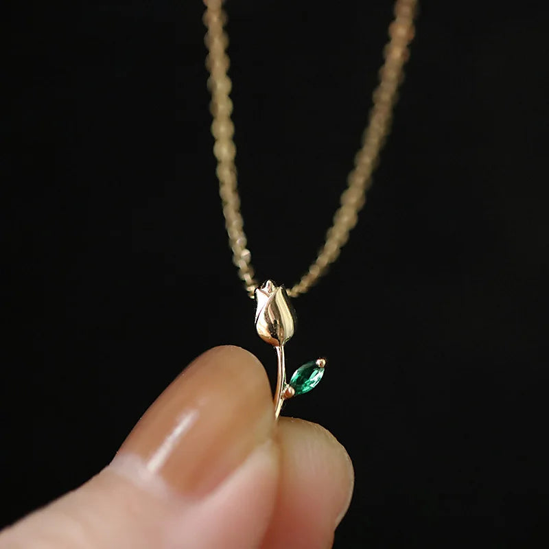 Gold Plated Green Rose Flower Necklace