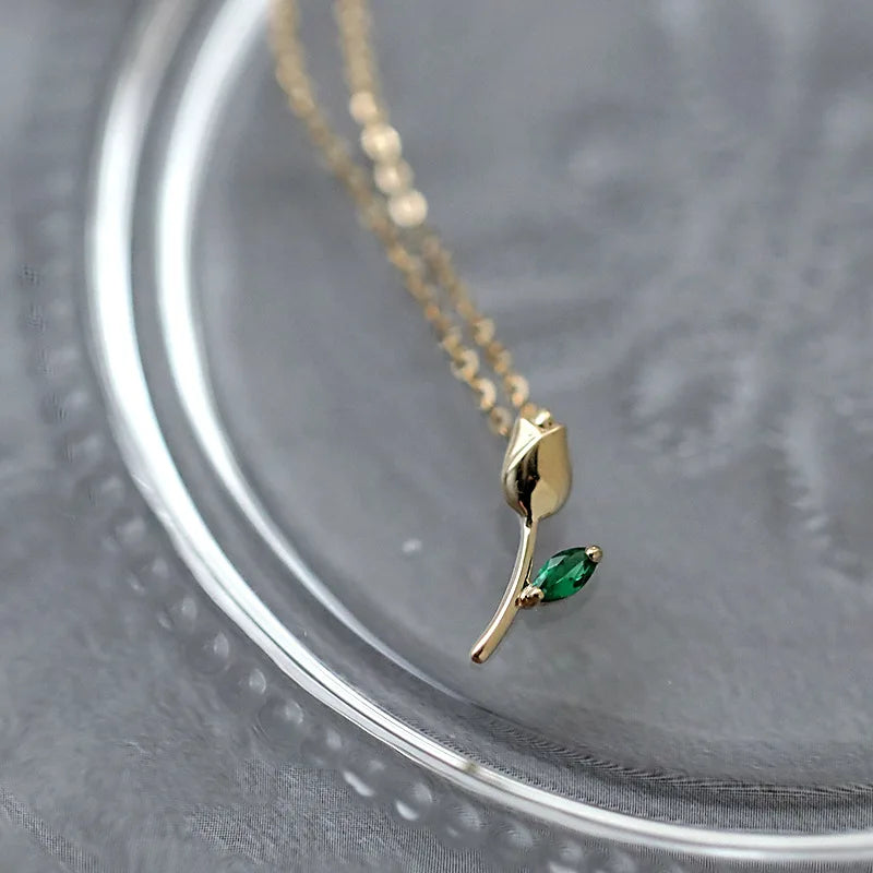 Gold Plated Green Rose Flower Necklace