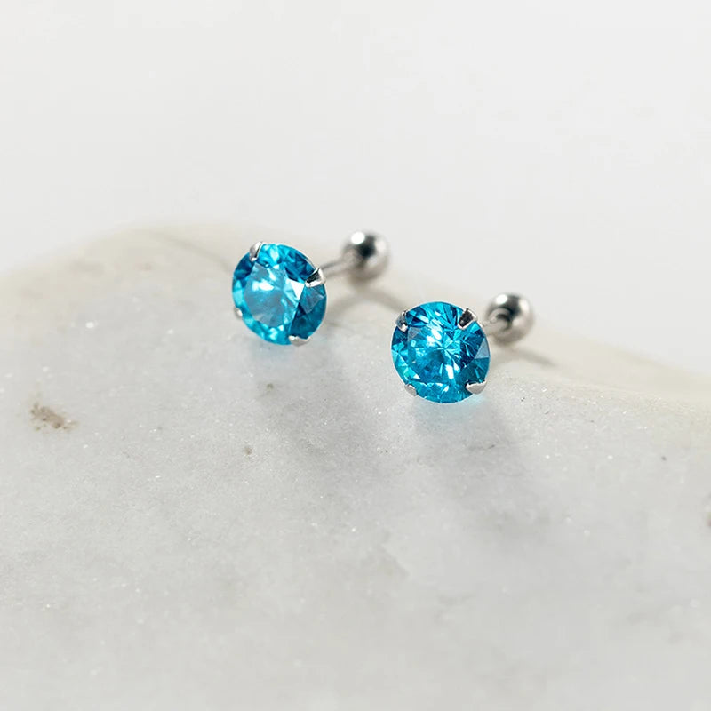 Sterling Silver Blue Barbell Stud Earrings