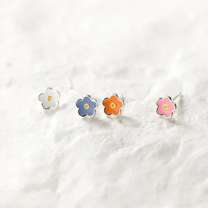 Sterling Silver Enamel Flower Stud Earrings