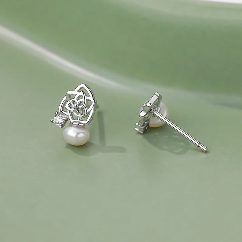 Hollow Flower Pearl Stud Earrings in Sterling Silver