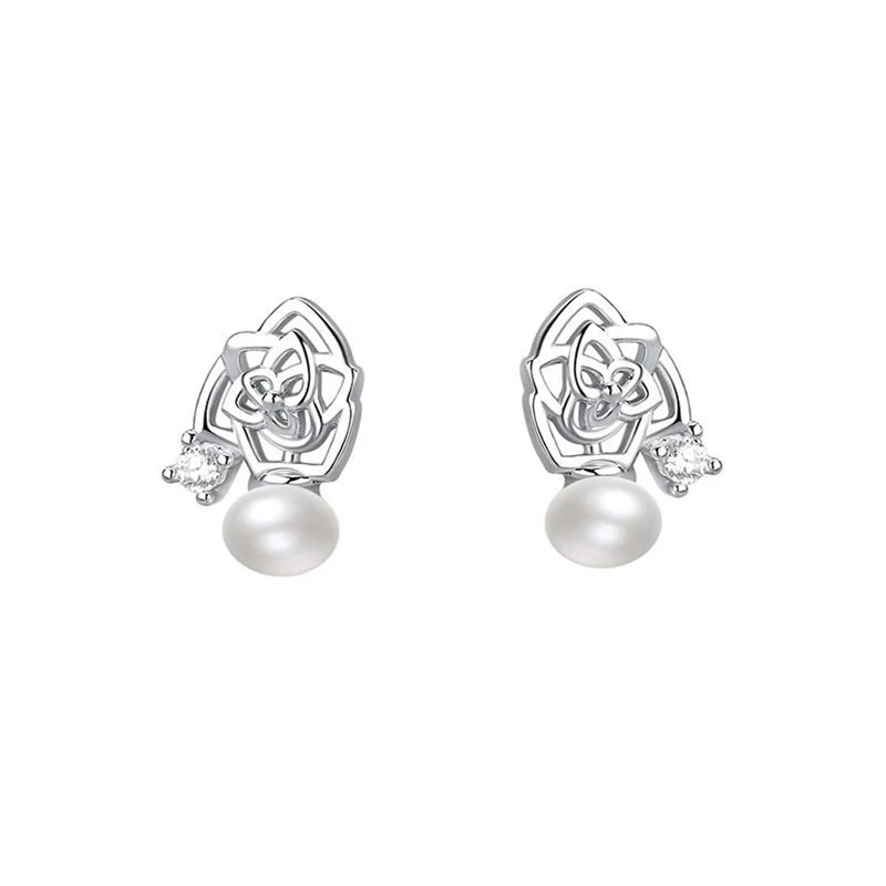 Hollow Flower Pearl Stud Earrings in Sterling Silver