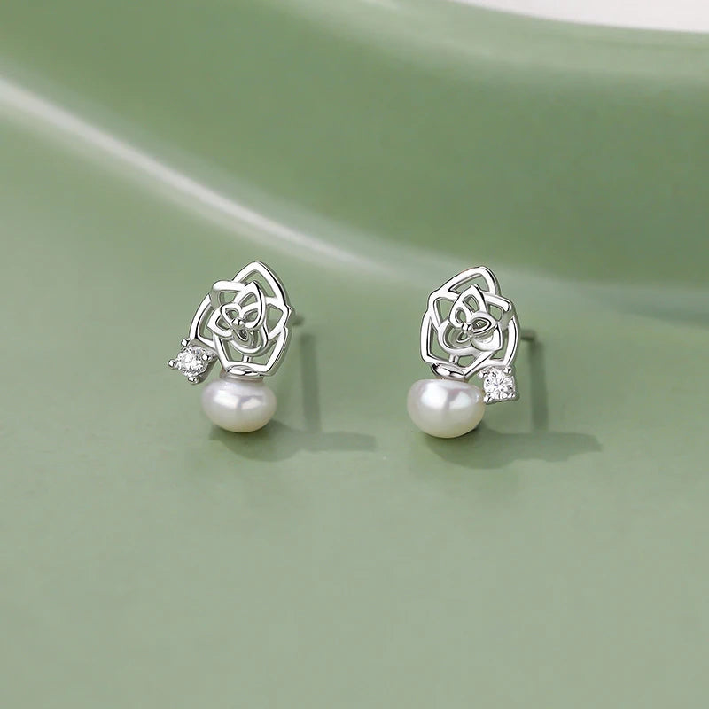 Hollow Flower Pearl Stud Earrings in Sterling Silver