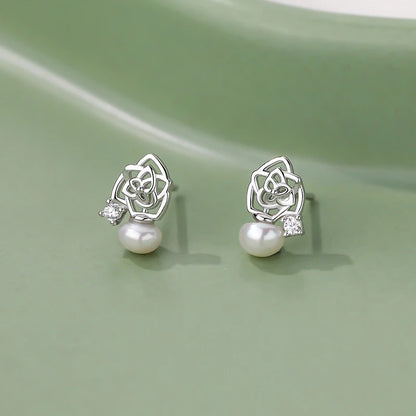 Hollow Flower Pearl Stud Earrings in Sterling Silver
