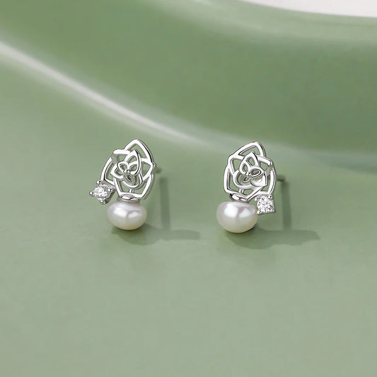 Hollow Flower Pearl Stud Earrings in Sterling Silver