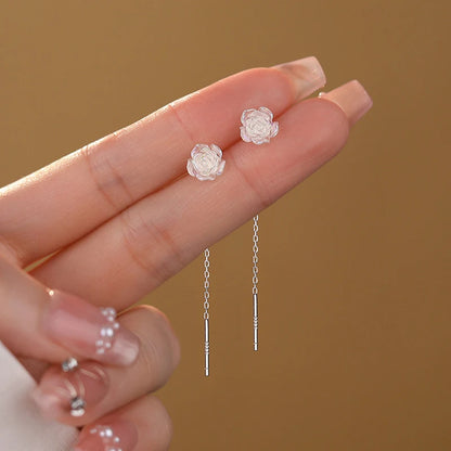 Sterling Silver Illusionary Rose Flower Drop Earrings
