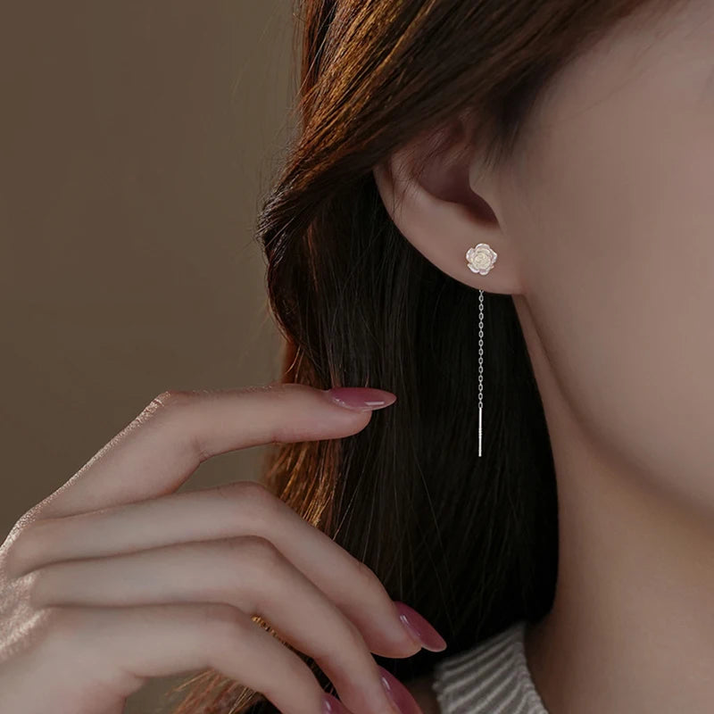 Sterling Silver Illusionary Rose Flower Drop Earrings