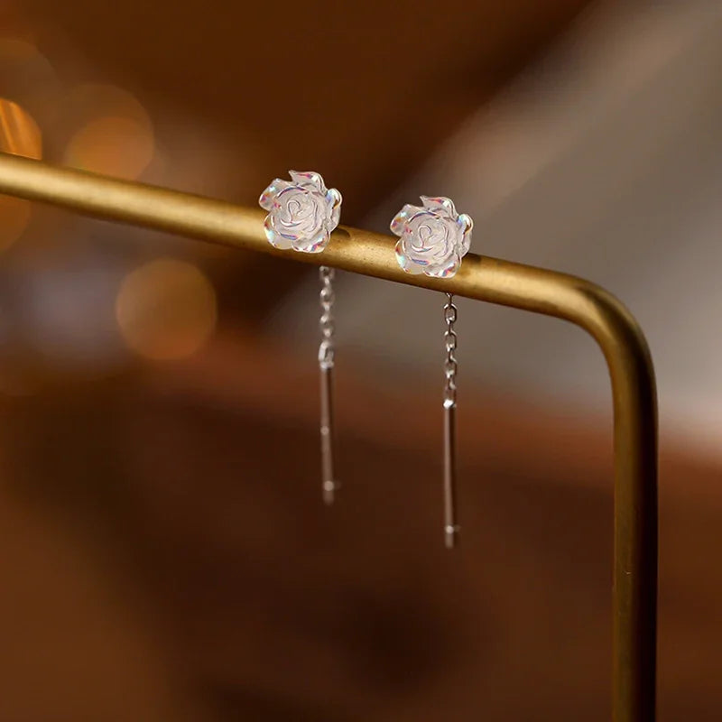 Sterling Silver Illusionary Rose Flower Drop Earrings