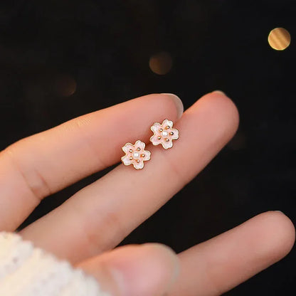 Sterling Silver Shell Pearl Enamel Pink Flower Earrings