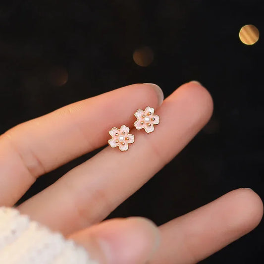 Sterling Silver Shell Pearl Enamel Pink Flower Earrings
