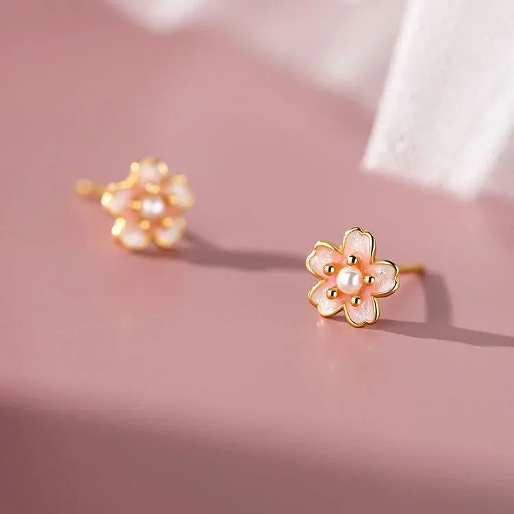 Sterling Silver Shell Pearl Enamel Pink Flower Earrings