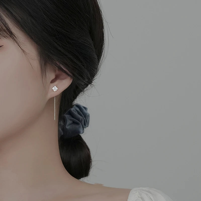 Sterling Silver Square Heart Tassel Drop Earrings