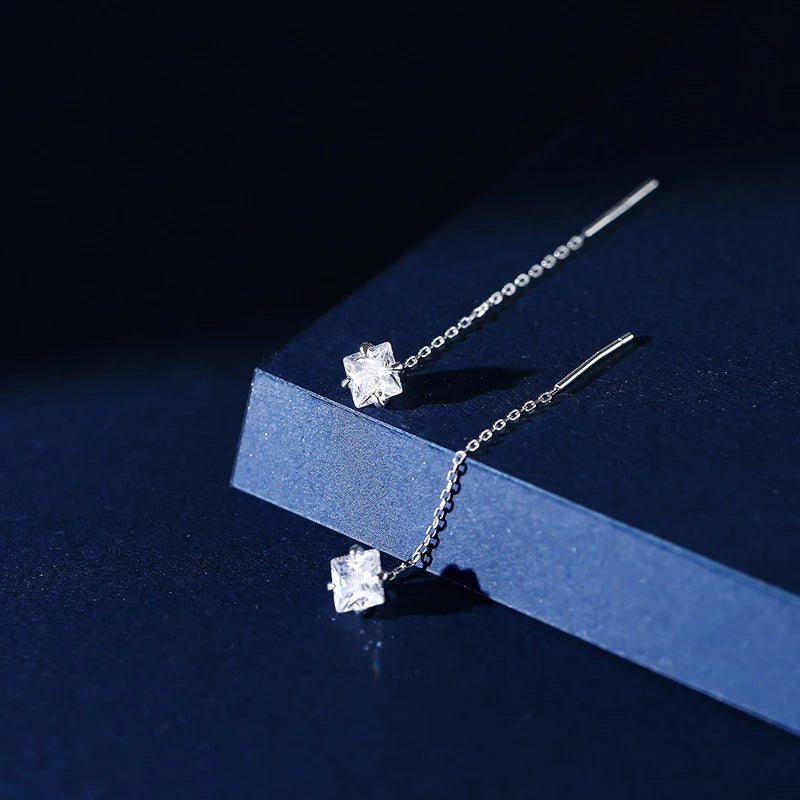 Sterling Silver Square Heart Tassel Drop Earrings