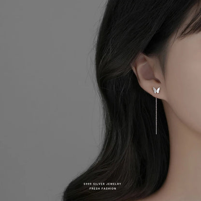 Sterling Silver Butterfly Heart Tassel Drop Earrings