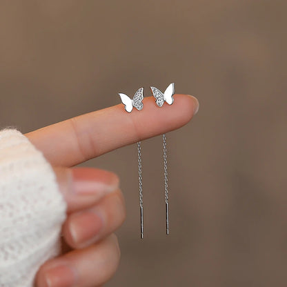 Sterling Silver Butterfly Heart Tassel Drop Earrings