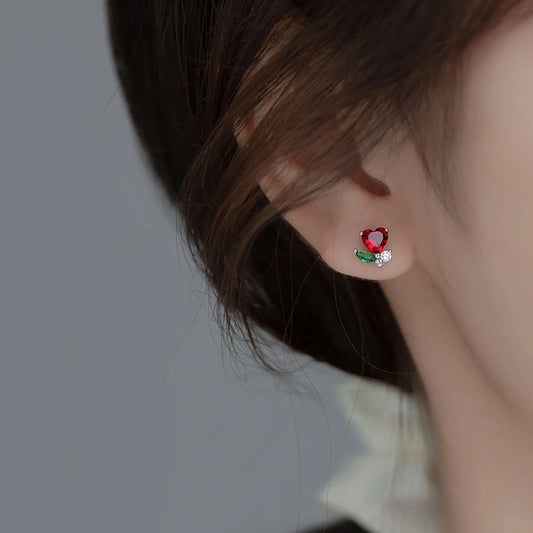 Gold Plated Silver Red Heart Flower Stud Earrings
