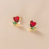 Gold Plated Silver Red Heart Flower Stud Earrings