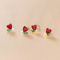 Gold Plated Silver Red Heart Flower Stud Earrings
