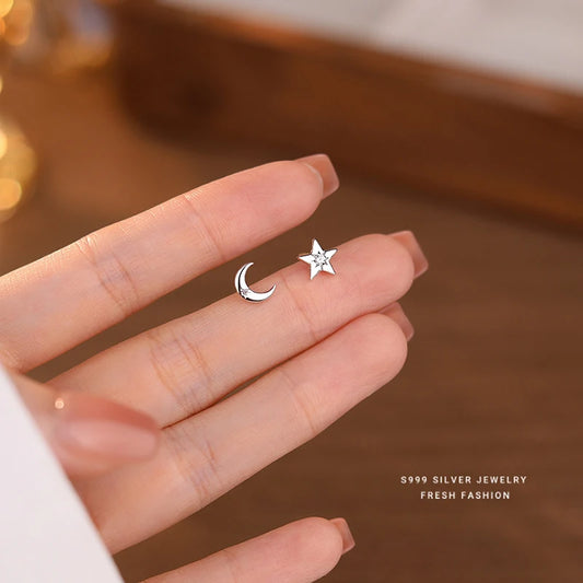 Sterling Silver Star Moon Mini Stud Earrings