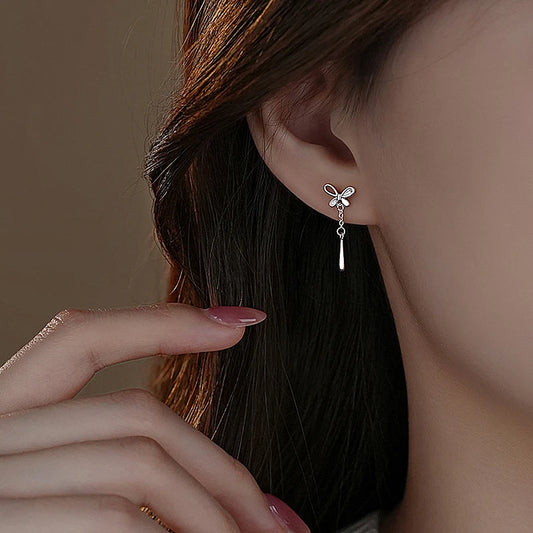 Sterling Silver Bowknot Water Droplet Tassel Earrings