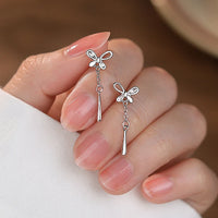 Sterling Silver Bowknot Water Droplet Tassel Earrings