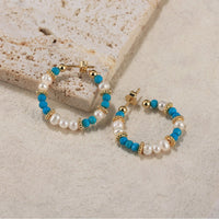 Gold Plated Sterling Silver Natural Turquoise Baroque Pearl Hoop Earrings