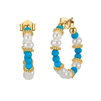 Gold Plated Sterling Silver Natural Turquoise Baroque Pearl Hoop Earrings