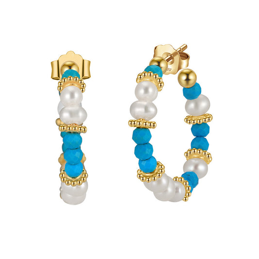 Gold Plated Sterling Silver Natural Turquoise Baroque Pearl Hoop Earrings